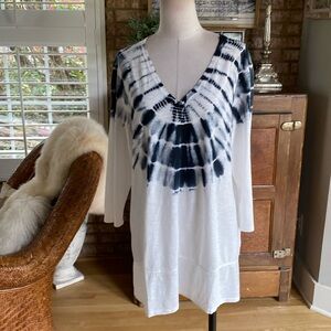 CHICO'S ZENERGY TIE DYE TUNIC 3/4 SLEEVE TOP BLACK / ALABASTER 3 LARGE NEW